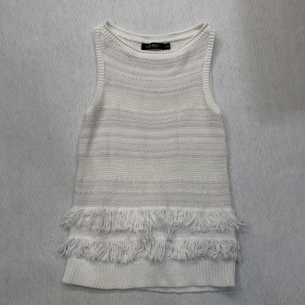 Lauren Ralph Lauren Women's Fringe Trim‎ Sleeveless Sweater White Size Medium